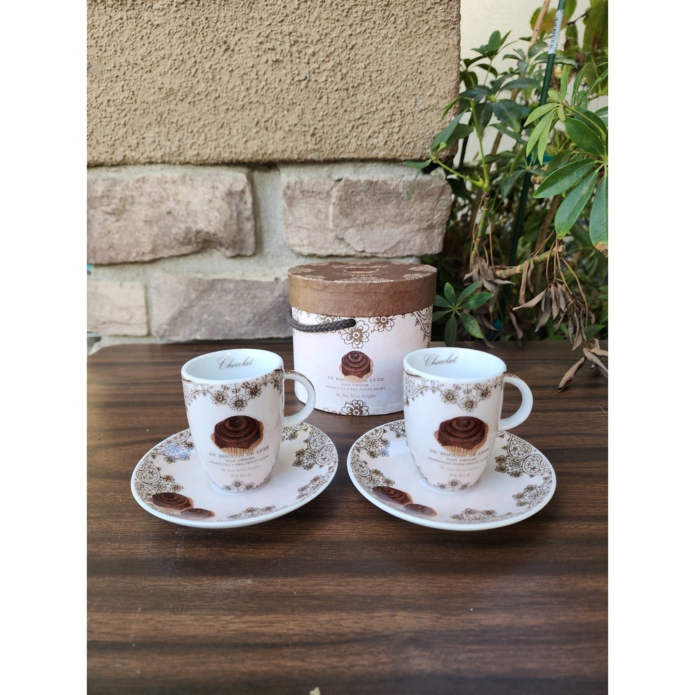Vintage French Paris Chocolat 2 Cup & Saucer Set w/ Original Decorative Box